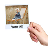 Hand holding a photo of a child in a vintage setting with 'Vintage 1995' text.