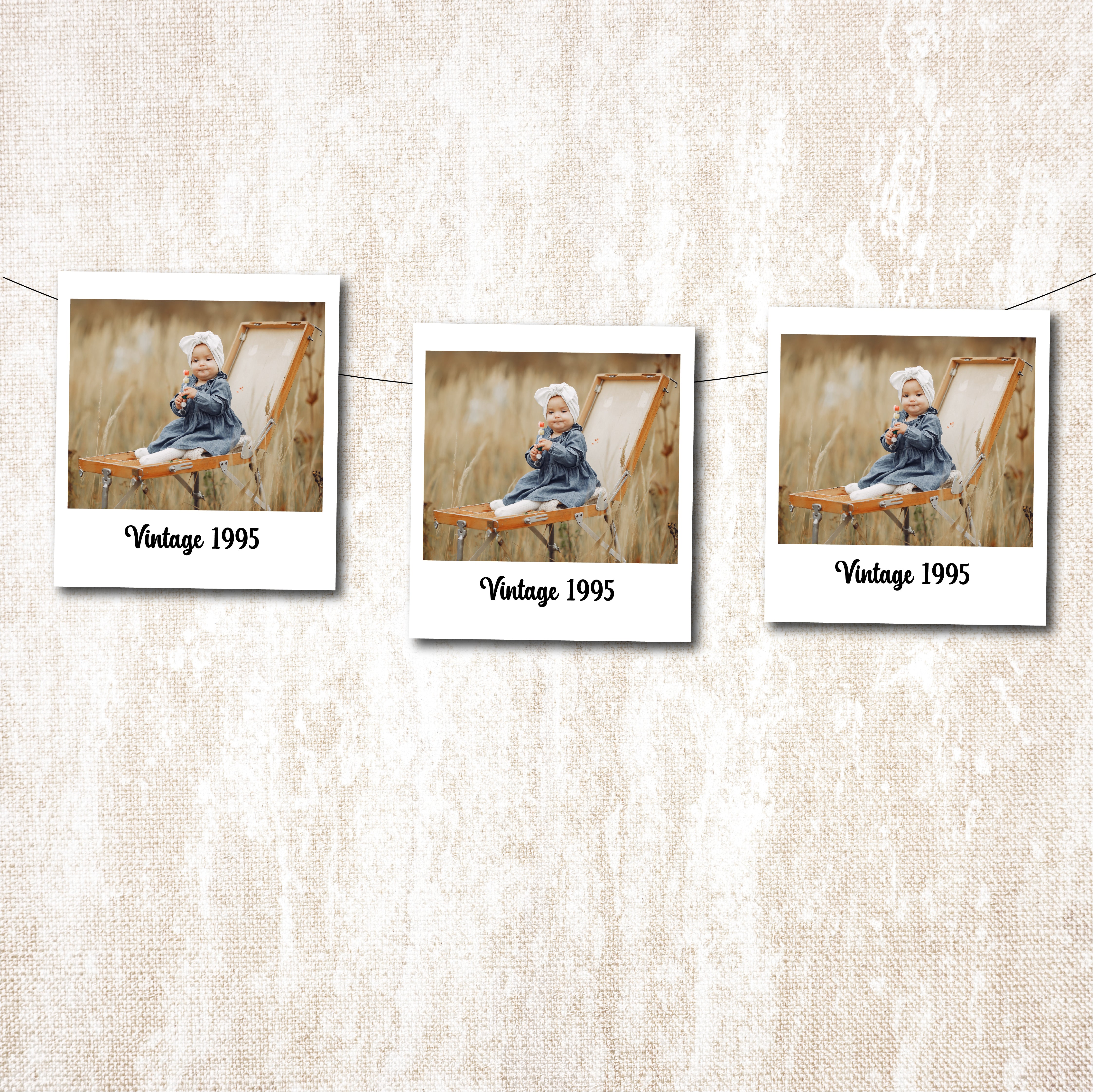Three identical Polaroid-style photo prints of a child in a chair with 'Vintage 1995' text on a textured beige background.