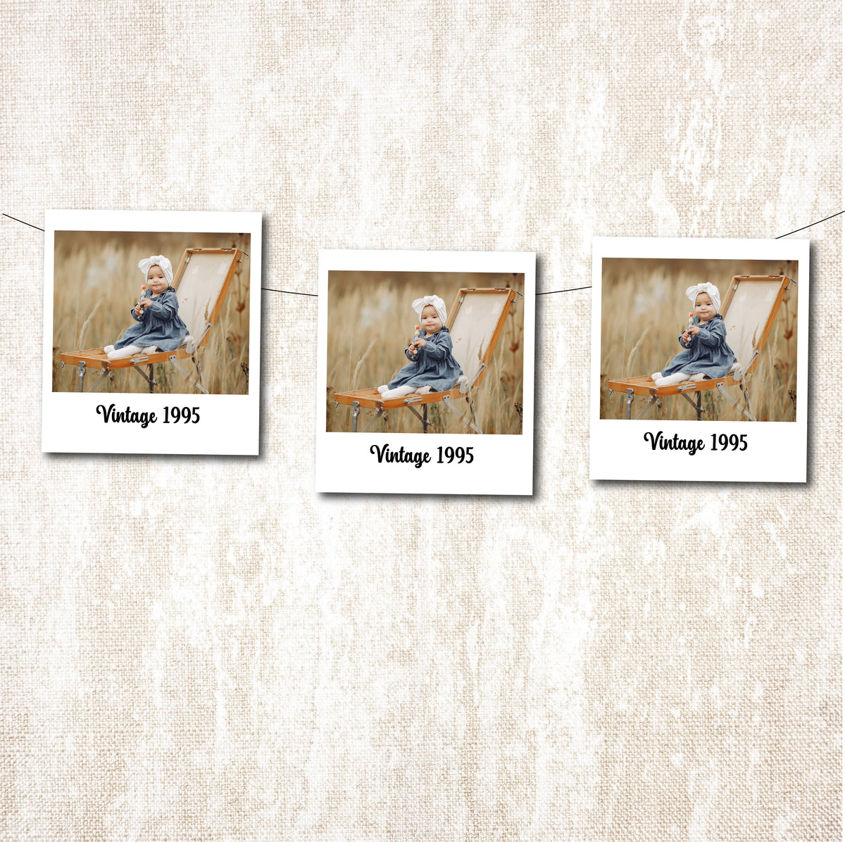 Three identical Polaroid-style photo prints of a child in a chair with 'Vintage 1995' text on a textured beige background.