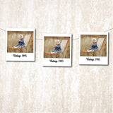 Three identical Polaroid-style photo prints of a child in a chair with 'Vintage 1995' text on a textured beige background.