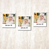 Three photo prints of a baby in a white outfit with text 'Look who's 40!' on a textured beige background.