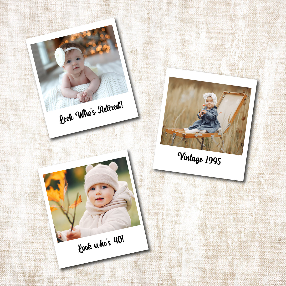 Three Polaroid-style photos of a baby on a textured beige background