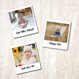 Three Polaroid-style photos of a baby on a textured beige background