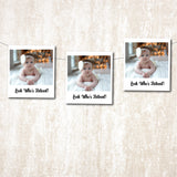 Three square cards with a baby photo and 'Look Who's Retired!' text on a textured beige background.