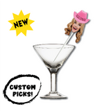 custom face photo cocktail picks cowgirl party hat pink on white background