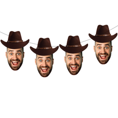 funny face banner of man with a brown cowboy hat strung on a white background