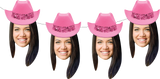 A series of four images showing a woman with a pink cowgirl hat added to her photo, smiling and posing at different angles.