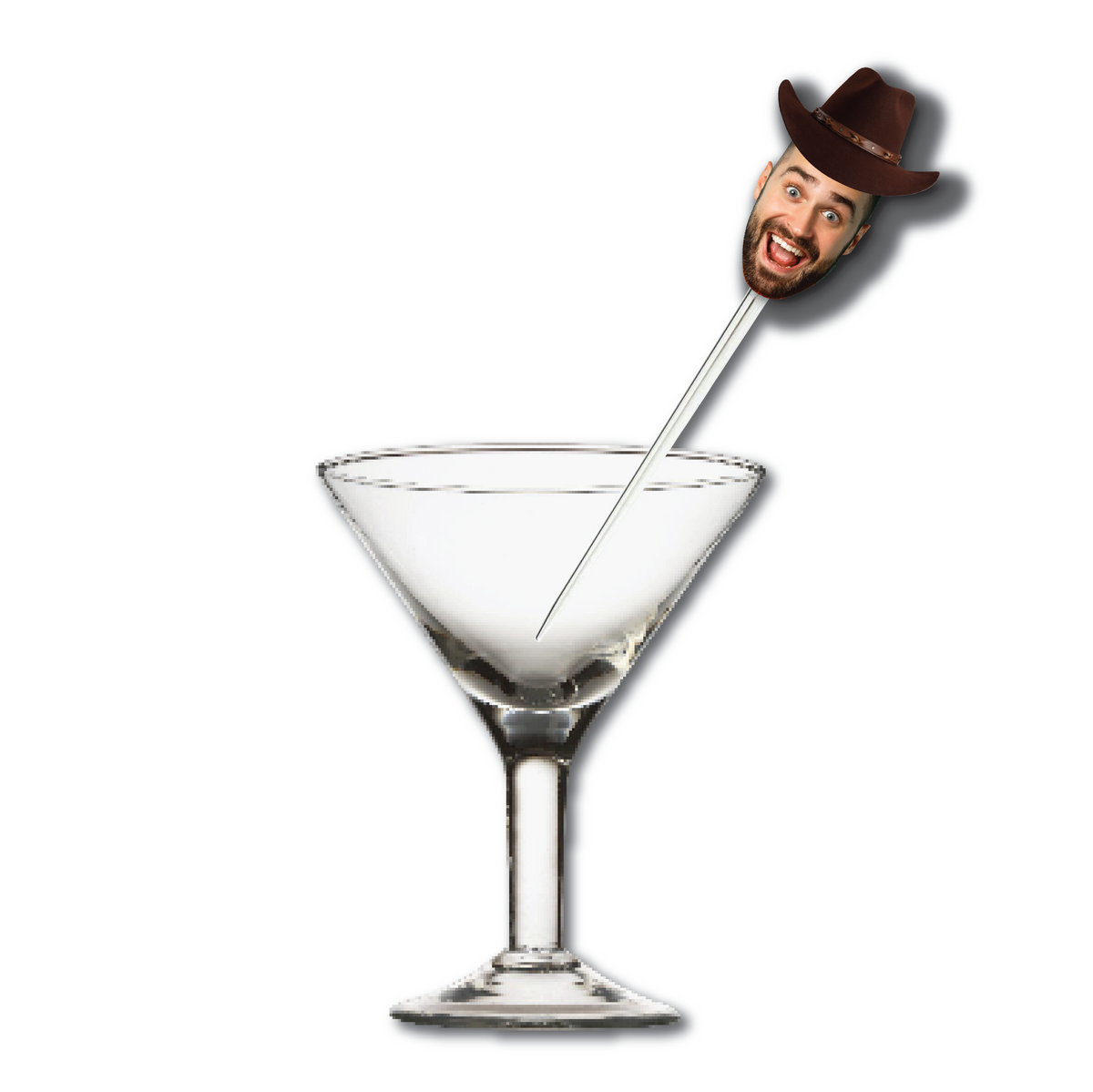 custom face photo cocktail picks with a funny man surprised face wearing brown cowboy hat white background