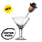 custom face photo cocktail picks with a funny man surprised face wearing brown cowboy hat white background