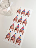 Custom Face Stickers - Waterproof - 3" Custom Printed Vinyl Stickers- a sticker sheet of a womans face cut out wearing a blue, pink and yellow striped party hat