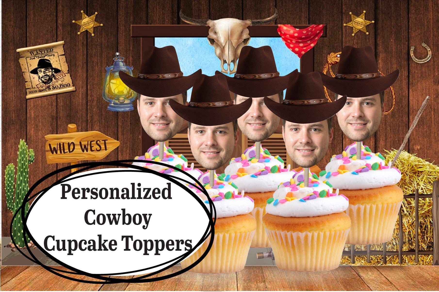 Cowboy Hat Face Cupcake Toppers, Personalized Cupcakes - Custom Birthday - Rodeo party - Wild West - Personalized decorations - LilyBeanGiftshop