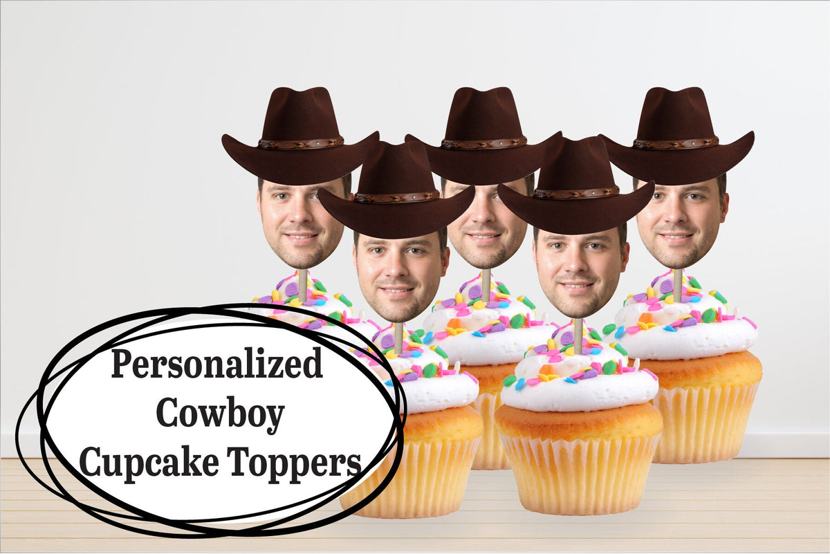 Cowboy Hat Face Cupcake Toppers, Personalized Cupcakes - Custom Birthday - Rodeo party - Wild West - Personalized decorations - LilyBeanGiftshop