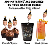 Add matching accessories to your banner order - man wearing black and gold party hat that reads "I'm Retired"