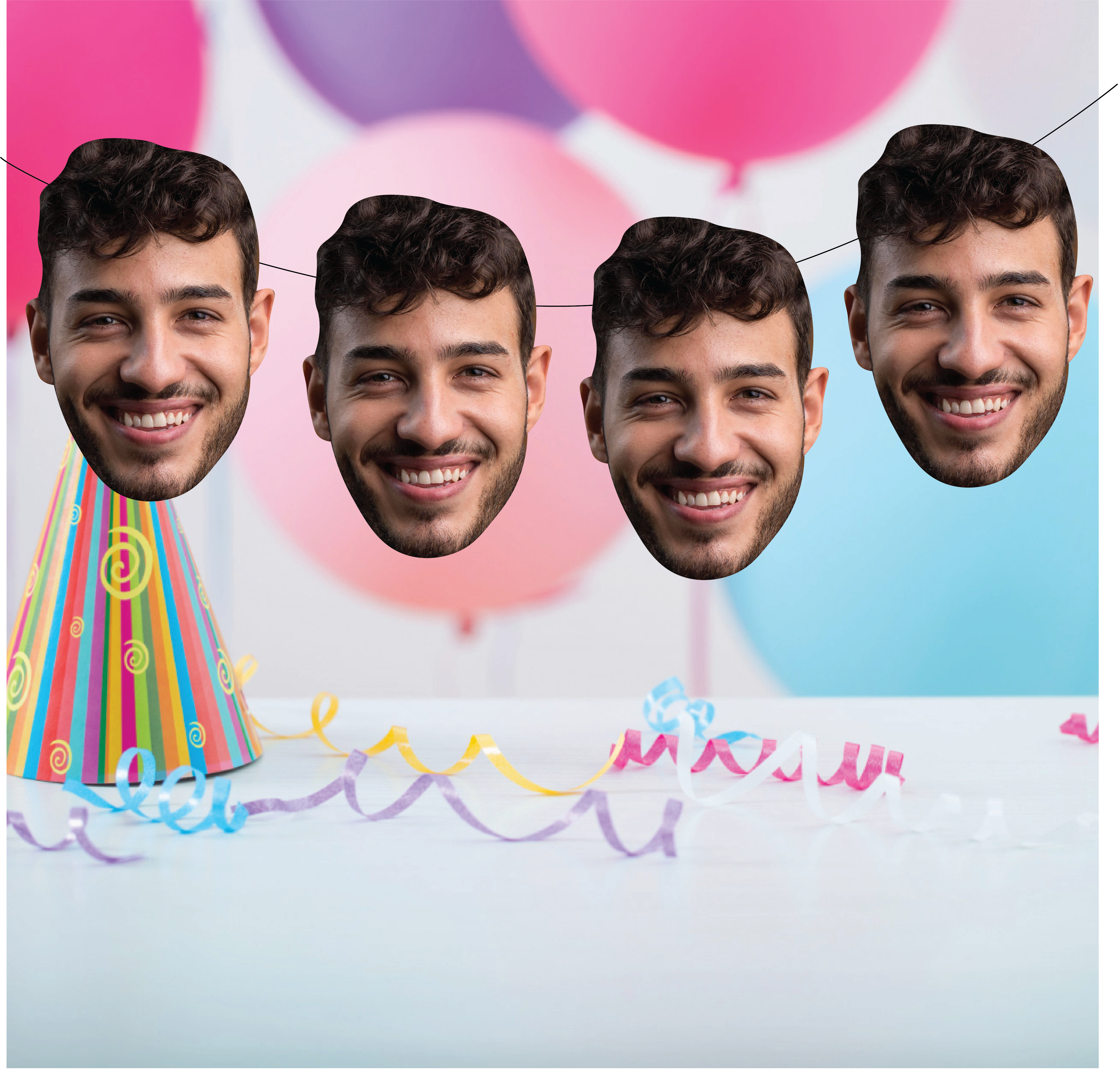 Four smiling faces with a colorful birthday hat and balloons on a light blue background