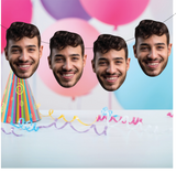 Four smiling faces with a colorful birthday hat and balloons on a light blue background