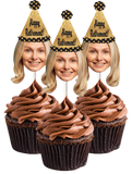 Custom photo cupcake toppers printed with a person's face, attached to lollipop sticks, celebrating retirement.