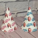 2 different style white happy retirement party hats with text and face cut outs