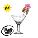 a cocktail pick featuring a womans face wearing a pink cowgirl hat featured on a white background