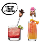 custom cowgirl cowboy drink stirrers in cups with white background