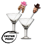 funny face photo cocktail picks with a cowgirl and cowboy in clear glass with white background